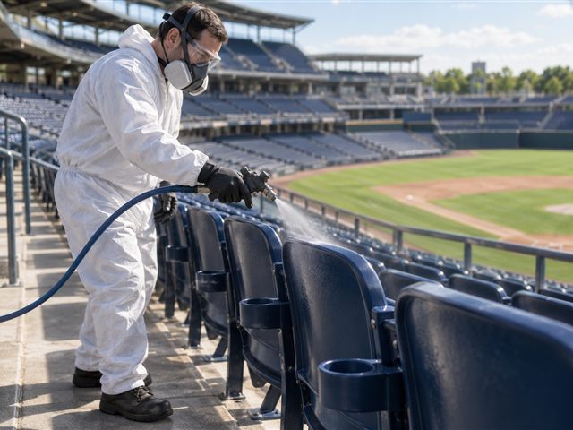 A worker spraying a row of seats in an empty baseball stadium.